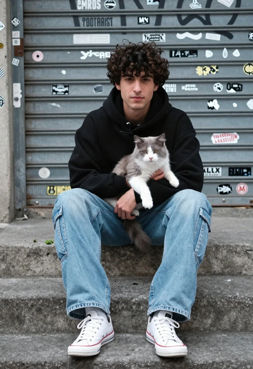 Young Man With Dark Curly Hair Sits Concrete Steps Holding