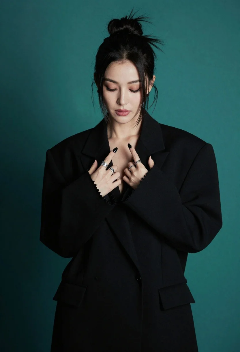 Striking Portrait Woman With Dark Hair Styled High Bun And reference photo