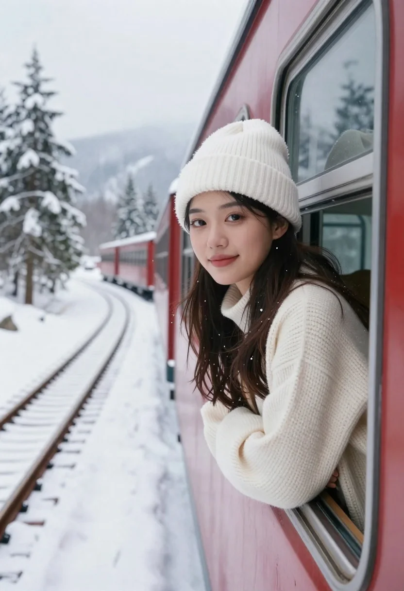 Young Woman With Long Dark Hair Leans Out Red Train