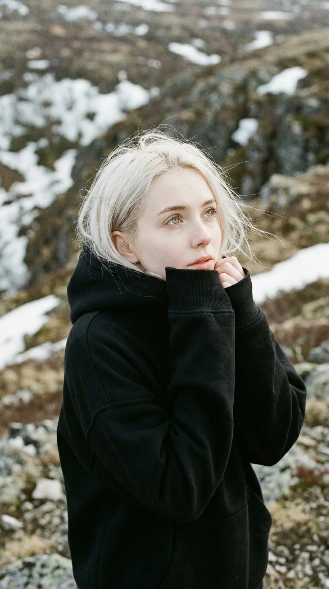 Hoodie Girl Rocky Hillside Soft Light Shallow Depth