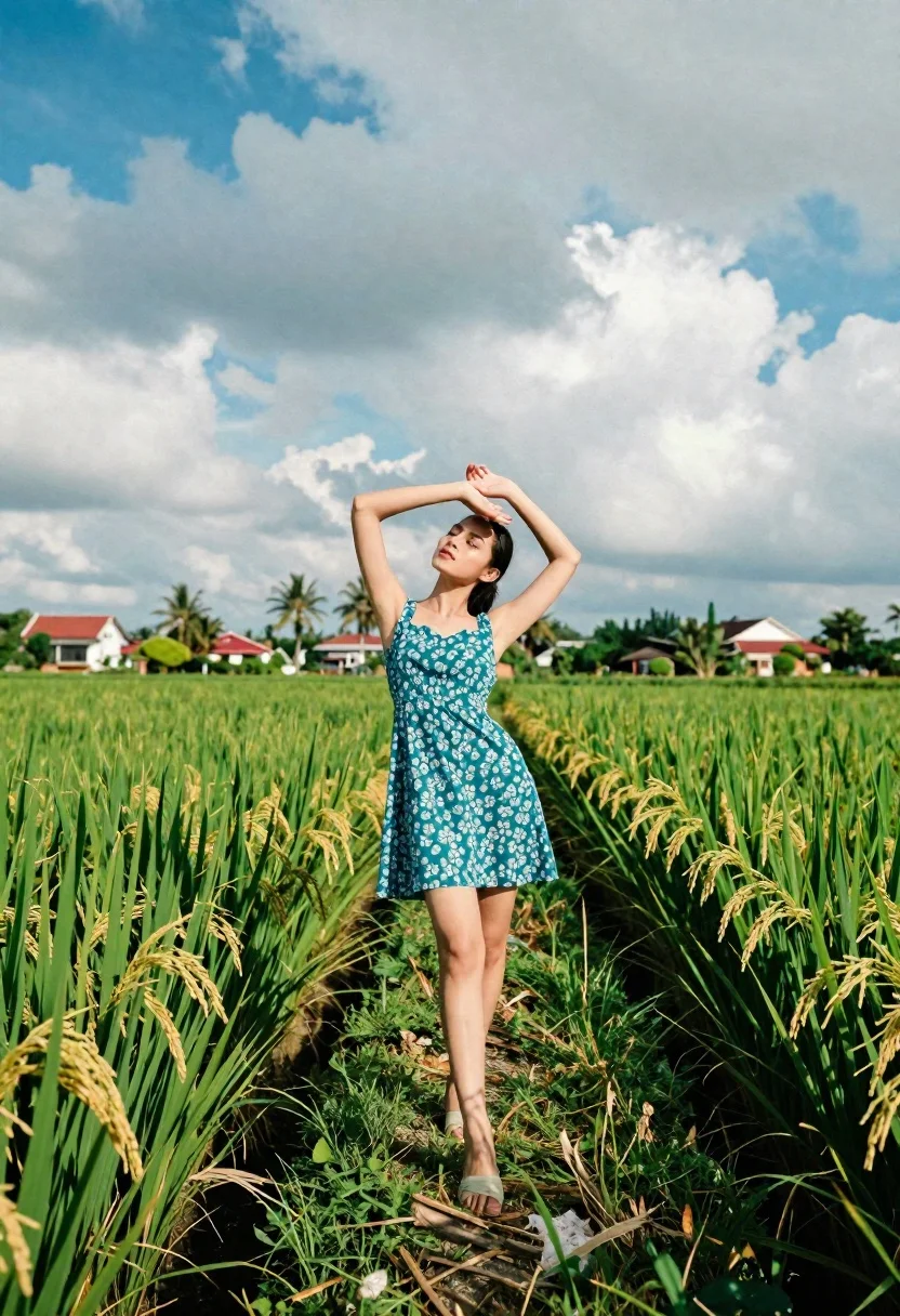 Young Woman Stands Gracefully Narrow Path Through Lush Green Rice reference photo