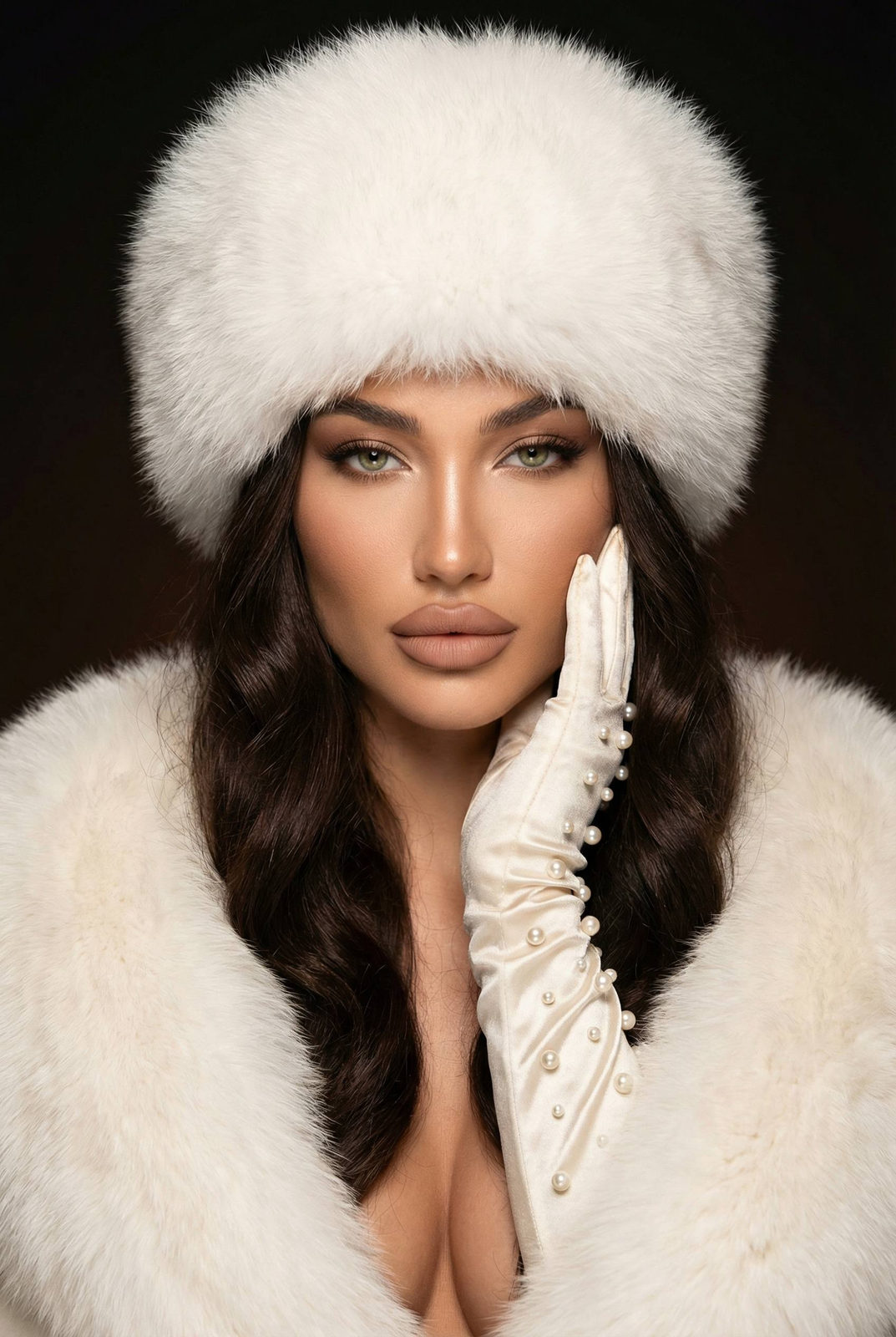 A luxurious winter editorial portrait featuring a woman in a white fur hat and coat, with long glossy hair and dramatic makeup.