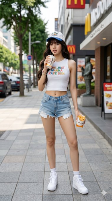 A woman in a rainbow tank top and denim shorts poses in front of McDonald's holding fries and a drink.