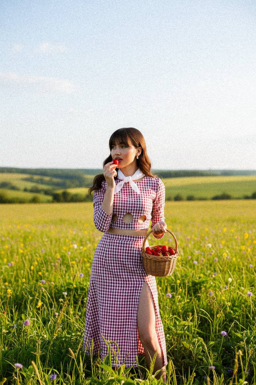 A woman in a gingham outfit standing in a wide green field holding a strawberry.