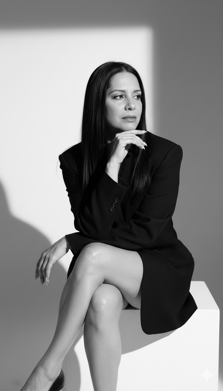 Retrato editorial de uma mulher madura em preto e branco, com cabelo liso e blazer oversized, pose contemplativa.