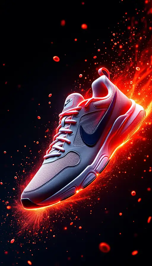 Premium Nike sneaker featuring subtle red energy whisps, captured with perfect lighting and dark background.