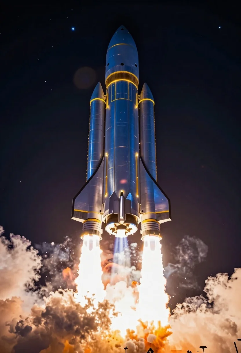 Massive Blue Rocket Ship With Yellow Glowing Accents Launching Into