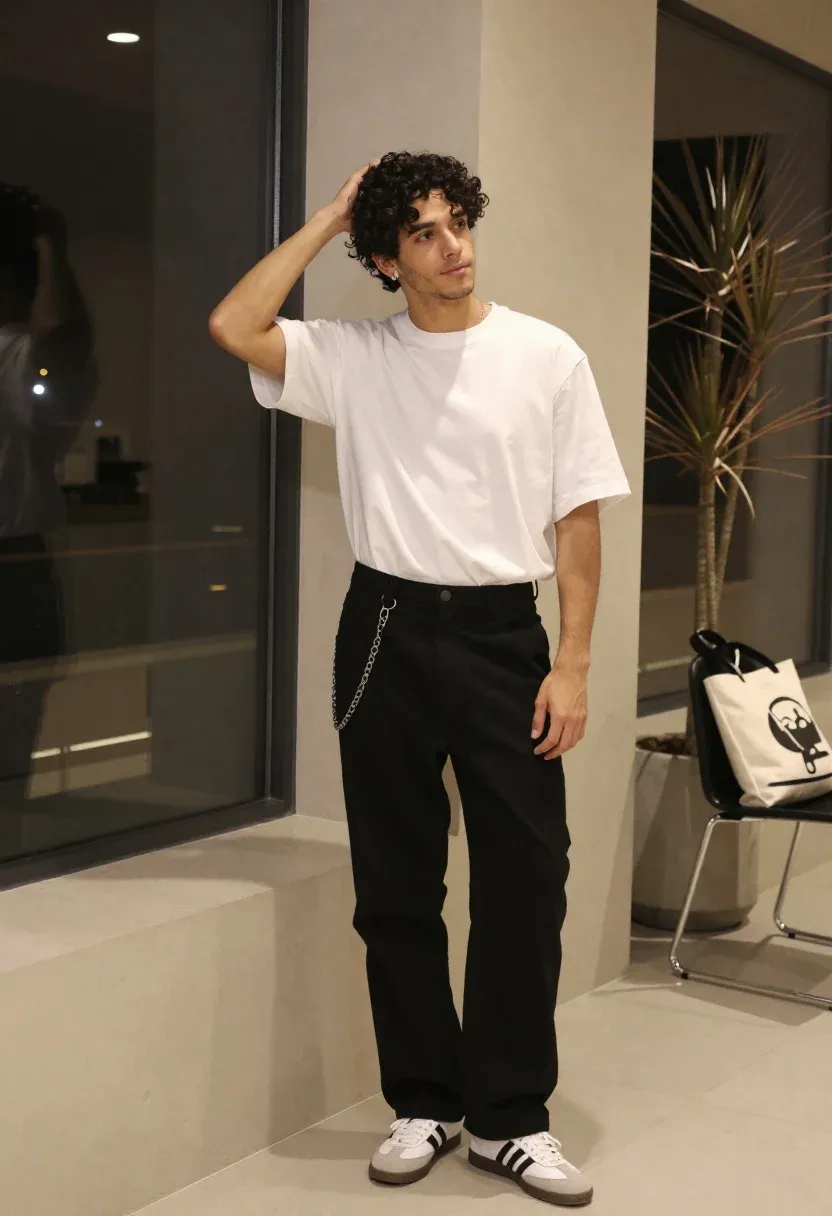 Young Man With Dark Curly Hair Stands Modern Indoor Setting