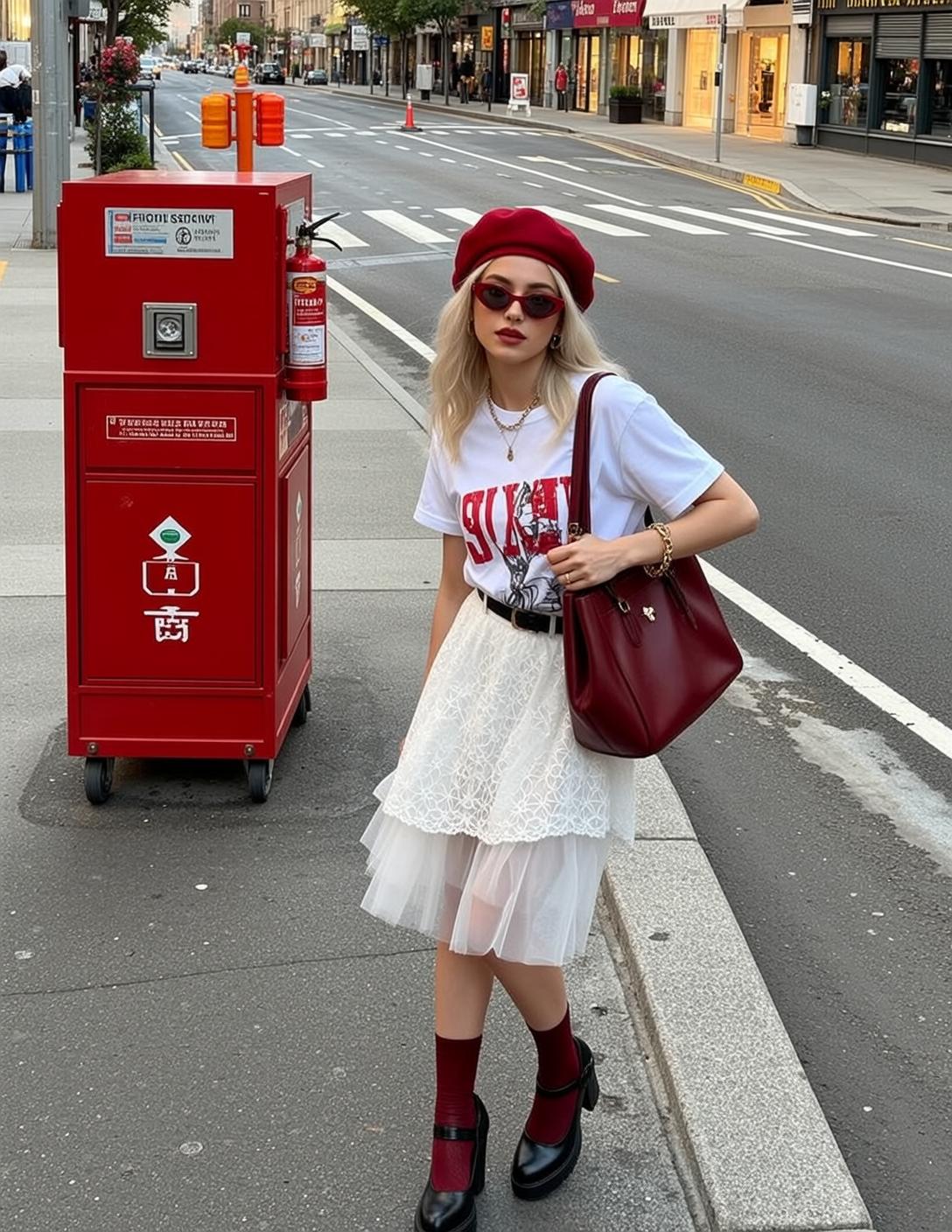 Red Beret Tulle Skirt Street