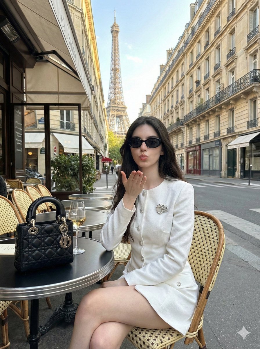 Realistic Paris Cafe Woman White Dress