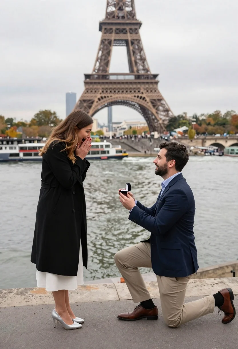 A man kneeling with an open ring box while a woman stands in joyful surprise against the Eiffel Tower.