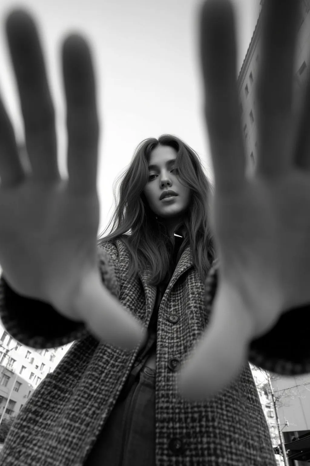 Low-angle Black And White Full-body Shot Captures Young Woman With