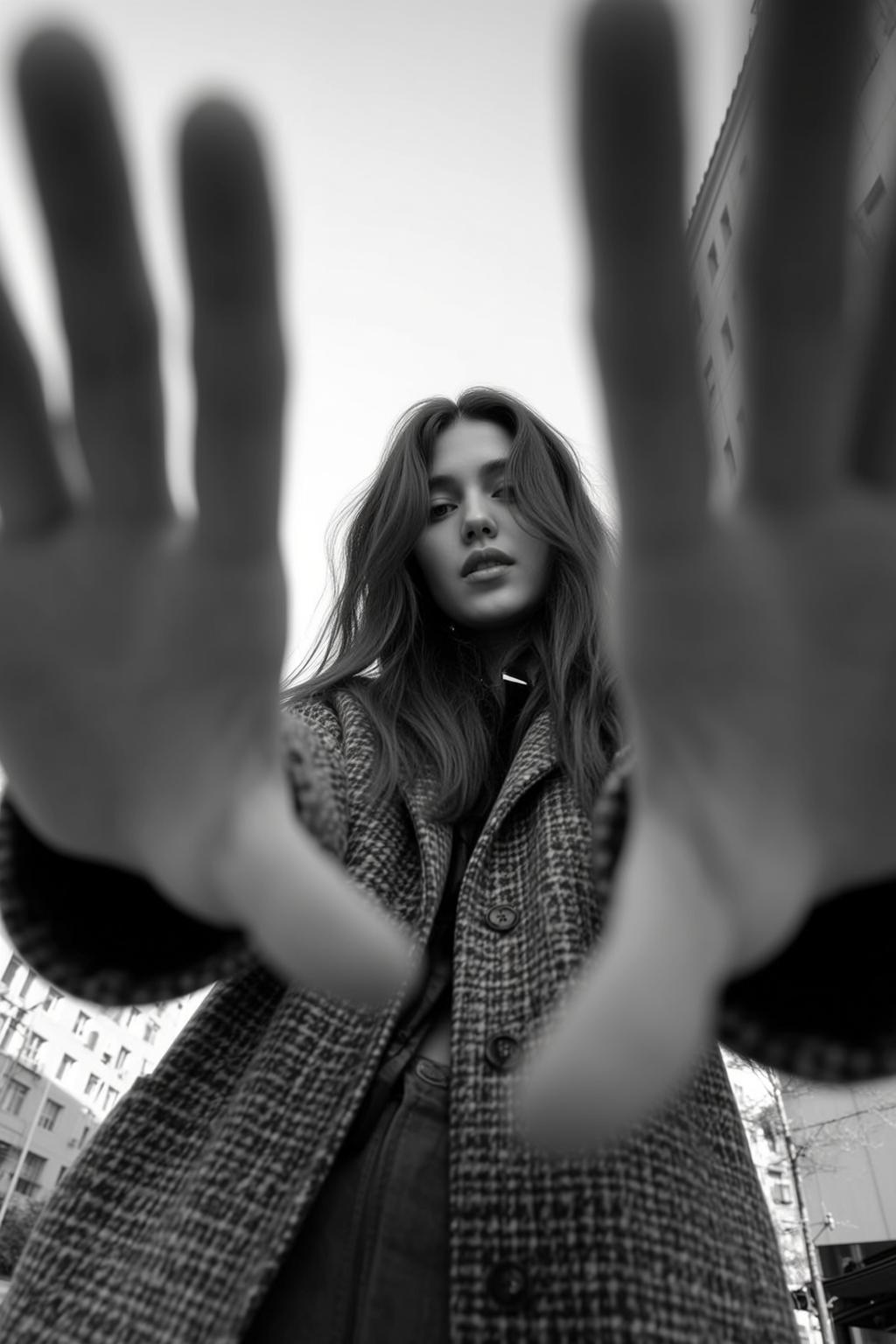 Low-angle Black And White Full-body Shot Captures Young Woman With