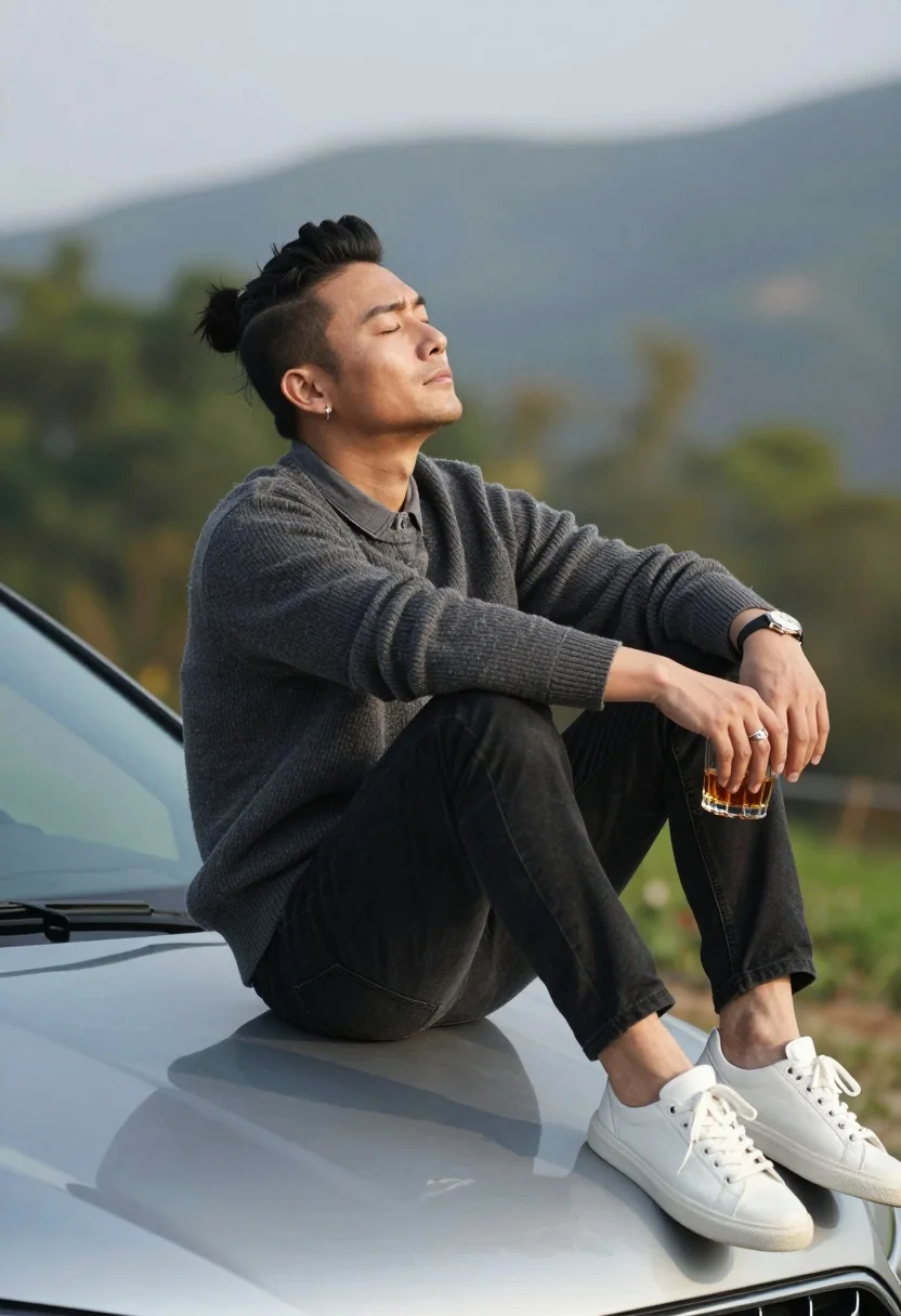 Man Sits Casually The Hood Silver Car With His Eyes