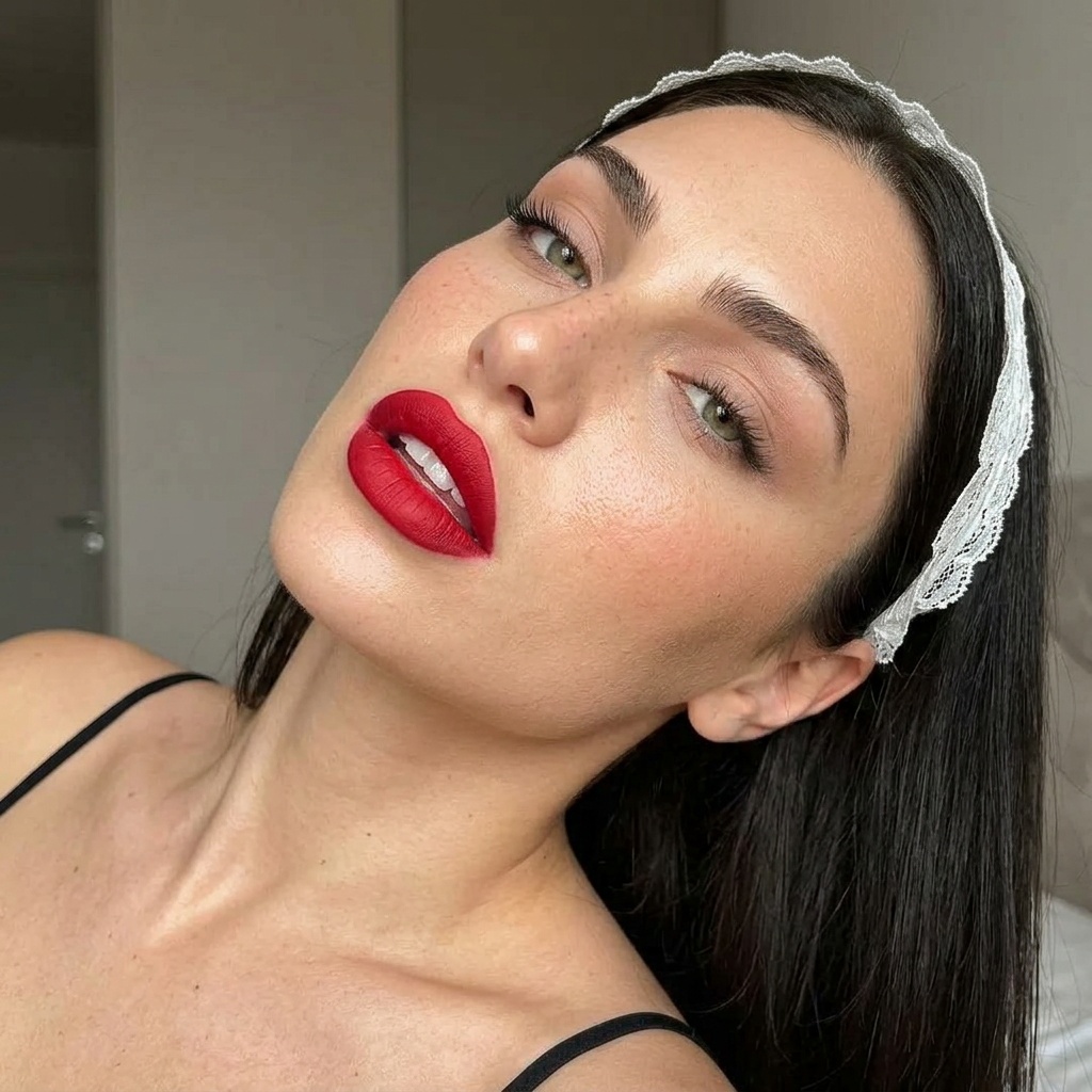 Lace Headband Red Lips Beauty Selfie Editorial