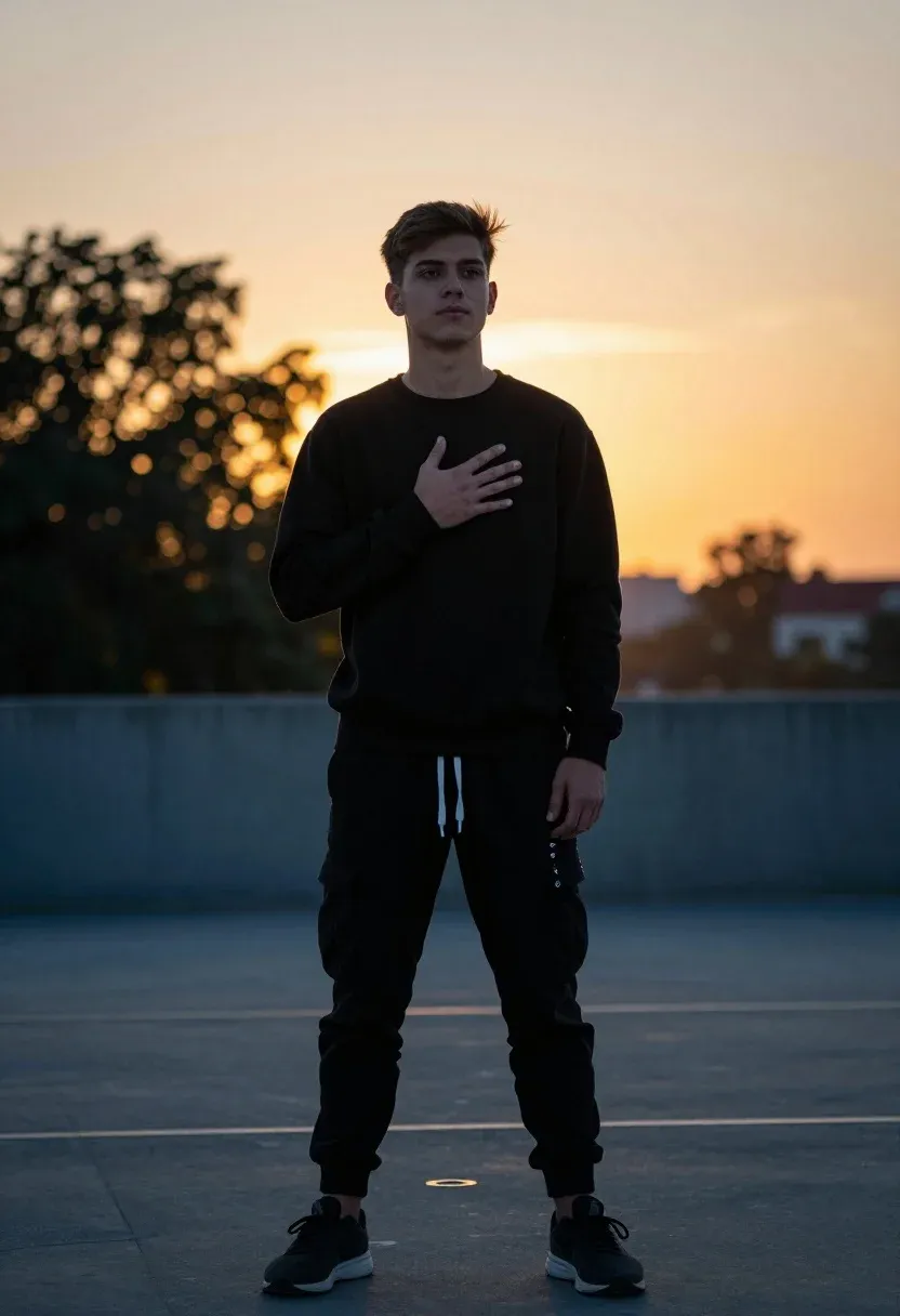 Young Man Stands Confidently Urban Outdoor Setting During The Golden