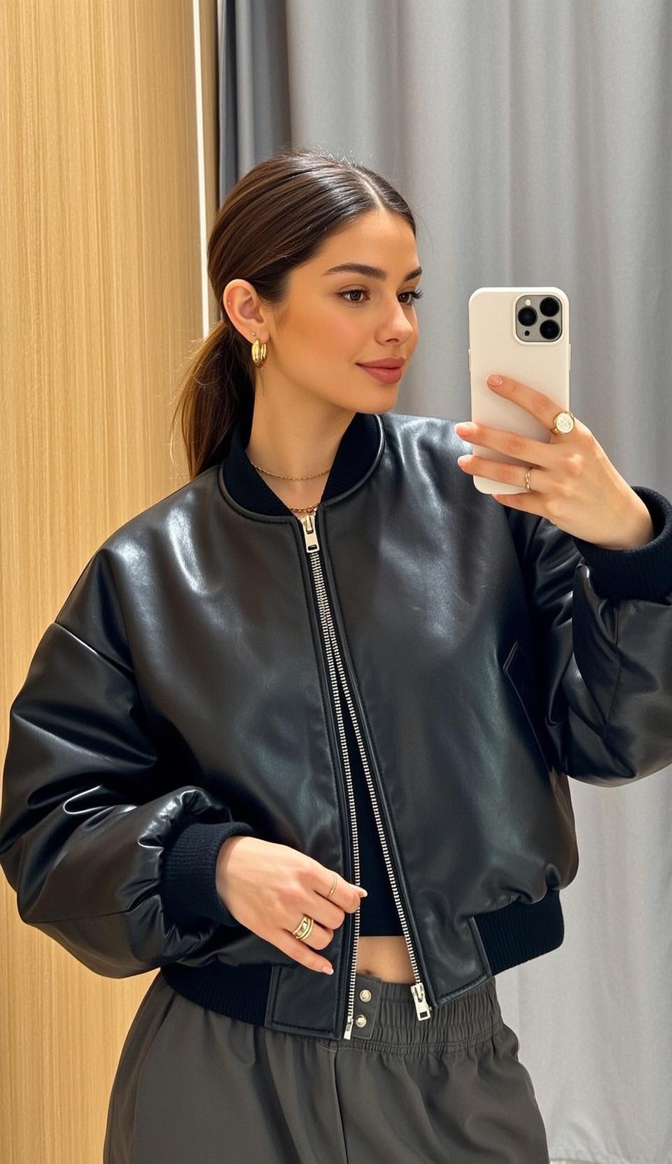 Leather Bomber Mirror Selfie