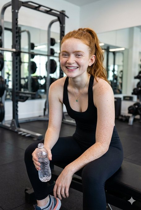 A beautiful young athletic woman sitting on a gym bench, smiling, holding a water bottle, wearing black fitness attire, with subtle sweat glistening on her skin.