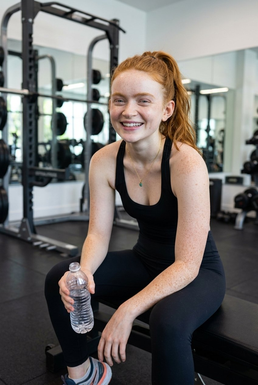 A beautiful young athletic woman sitting on a gym bench, smiling, holding a water bottle, wearing black fitness attire, with subtle sweat glistening on her skin.