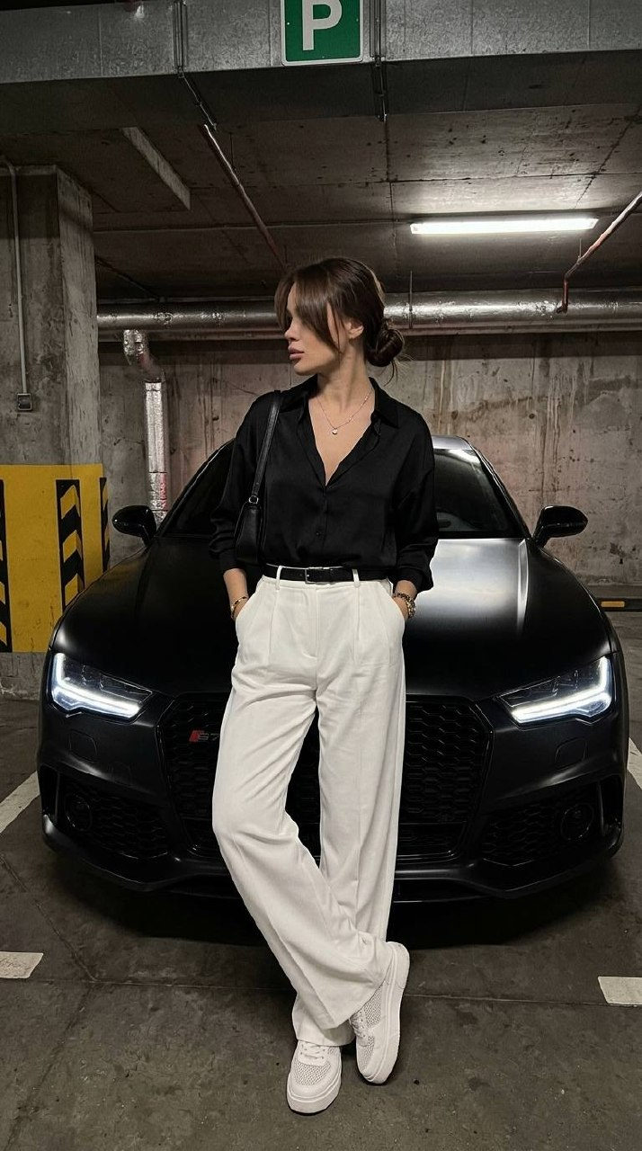 A woman in a fashionable black shirt and white trousers standing confidently against a matte black sports car in an urban parking garage.