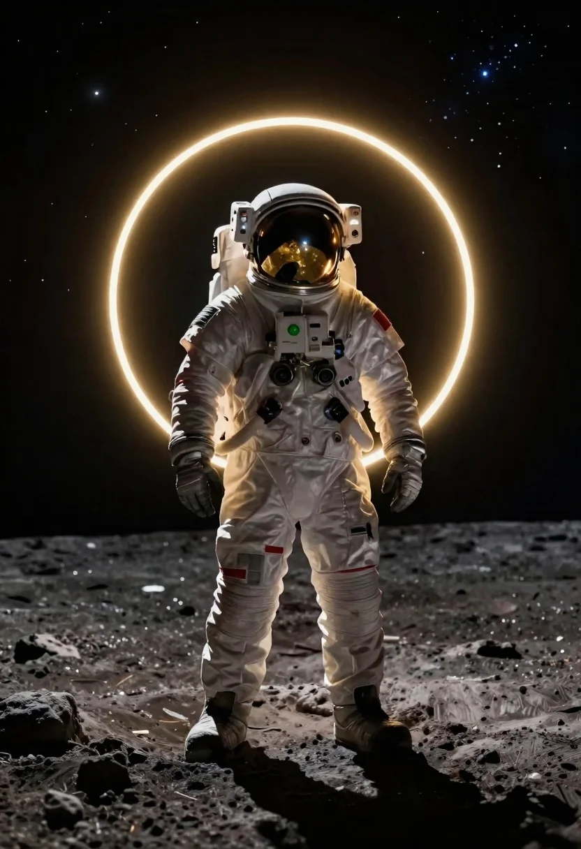 Cinematic Digital Painting Astronaut Standing Alone Dark Lunar Surface Night reference photo