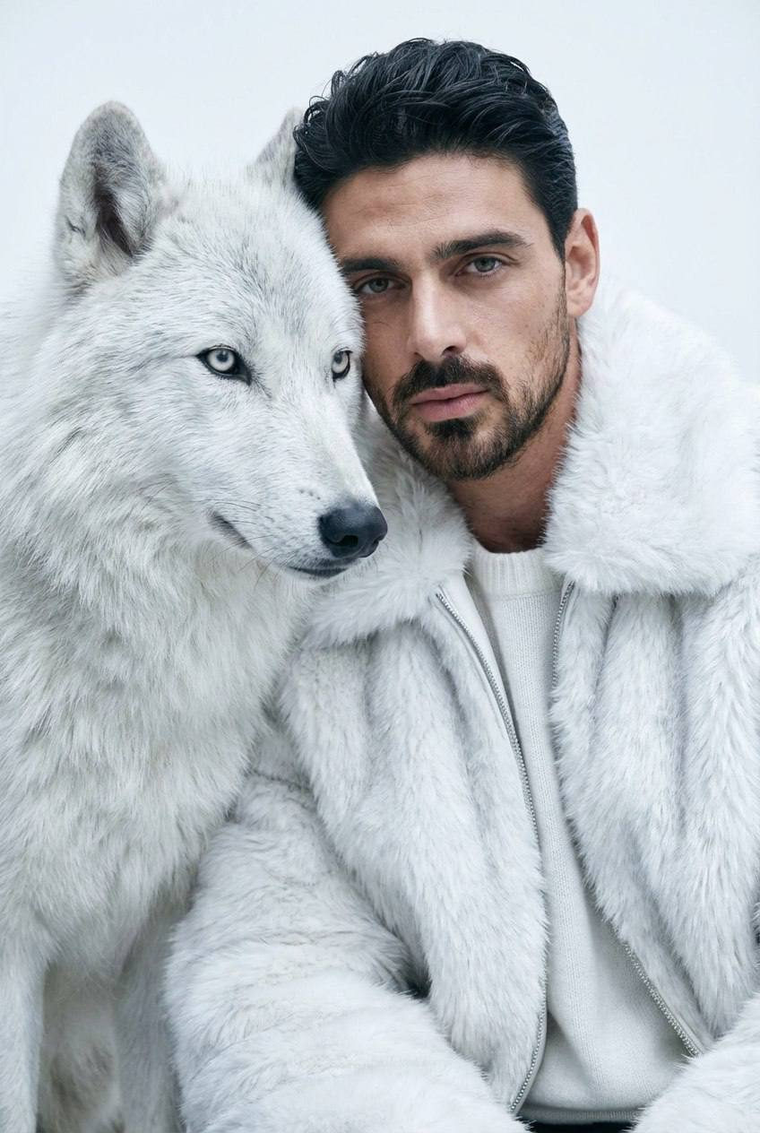 A serene close-up of a person in a faux-fur bomber jacket beside a majestic arctic wolf, both in an icy monochrome setting.