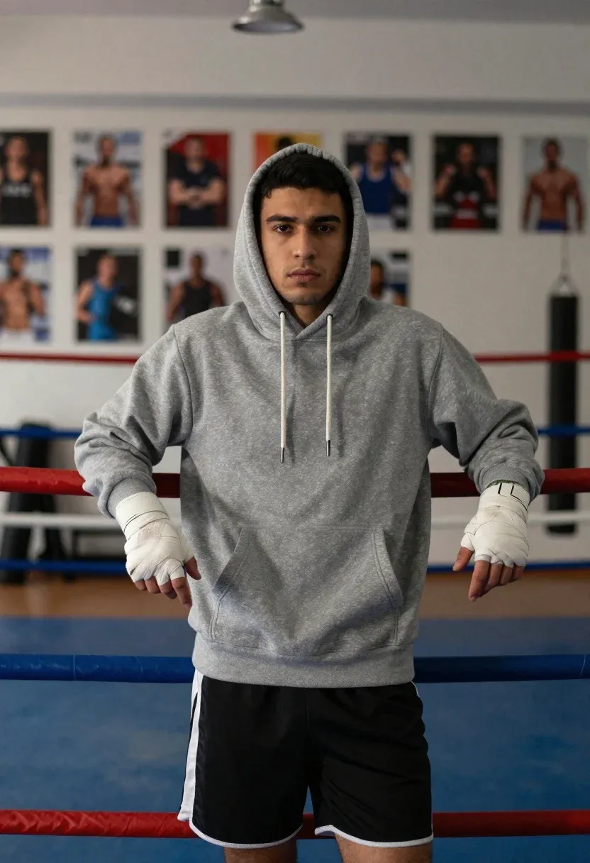 Young Man With Dark Hair Stands Inside Boxing Ring Wearing