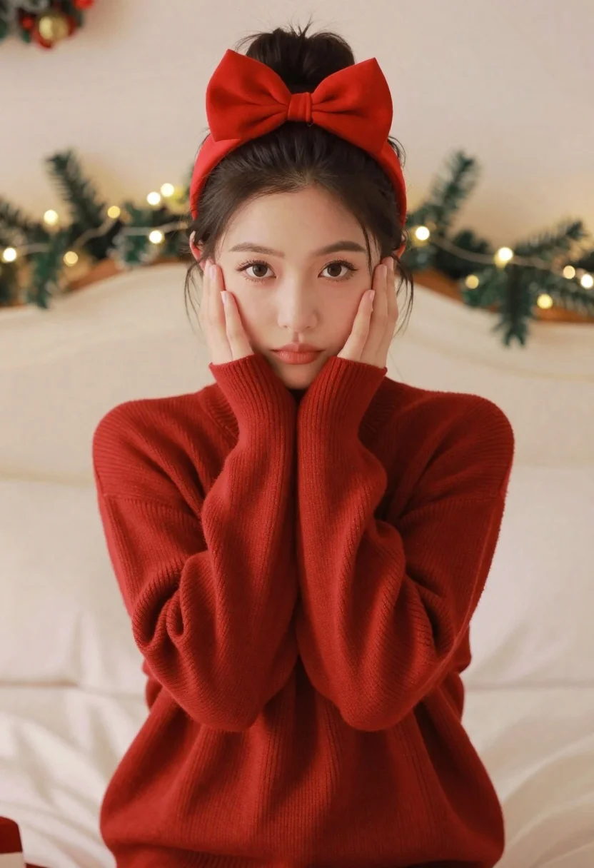 Young Woman With Dark Hair Pulled Into High Bun Sits