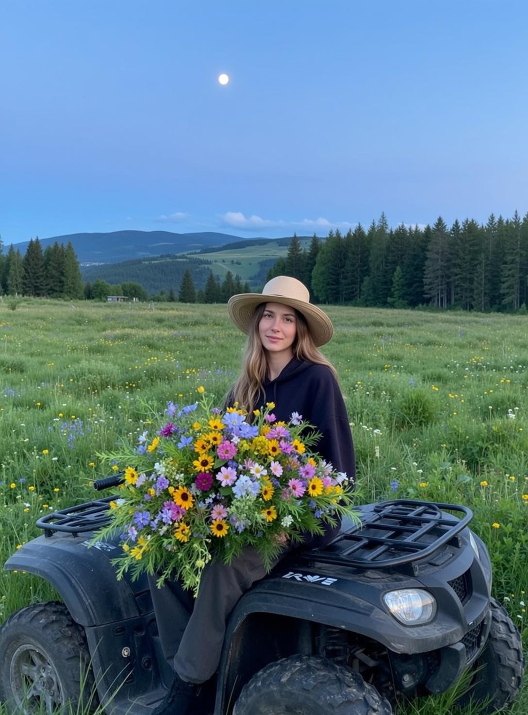 Cowgirl Seated Black Atv Holding Large Bouquet