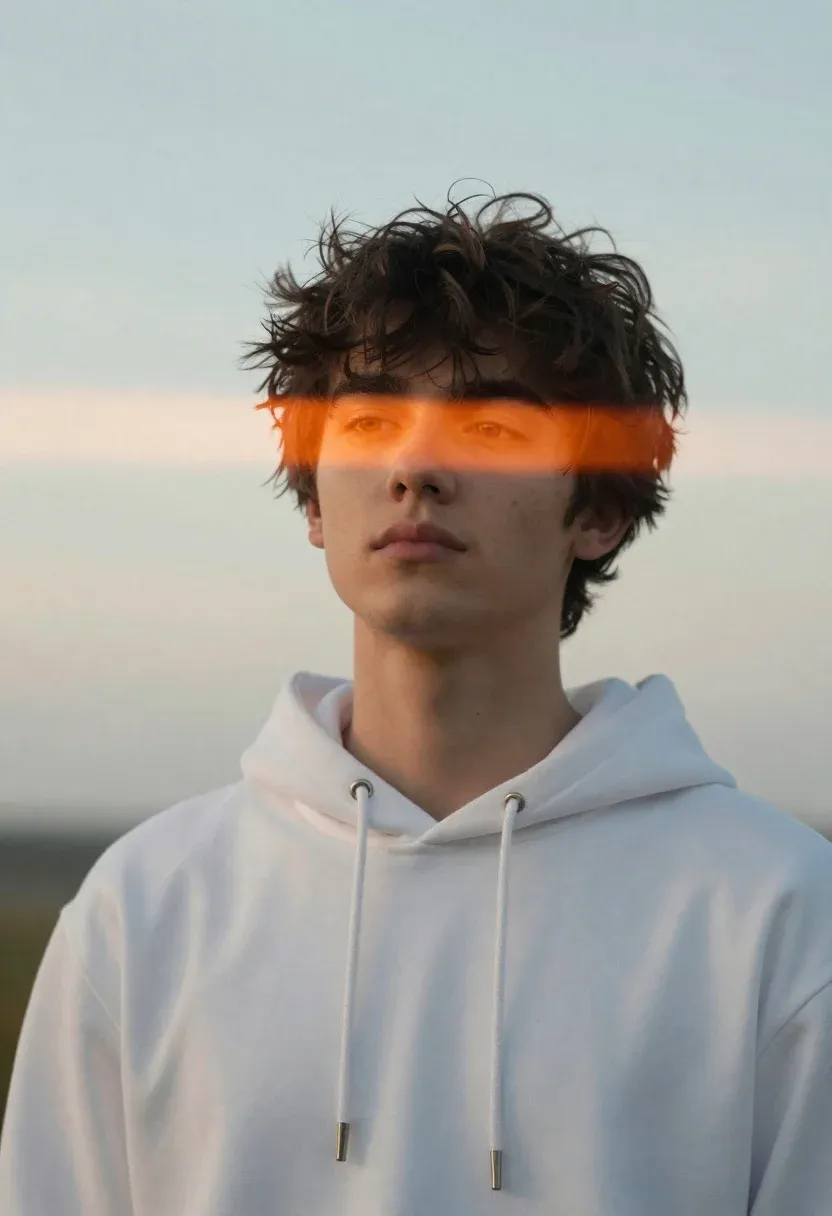 Young Man With Tousled Dark Hair Stands Against Soft Dreamy