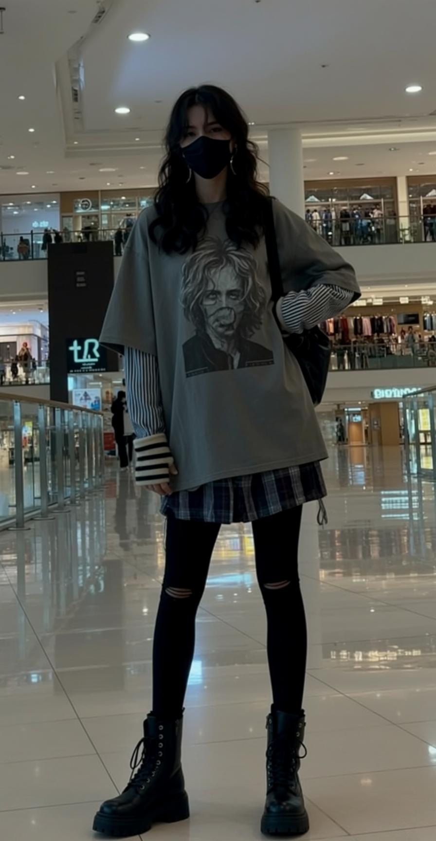 Girl In Graphic Tee Plaid Skirt Mall