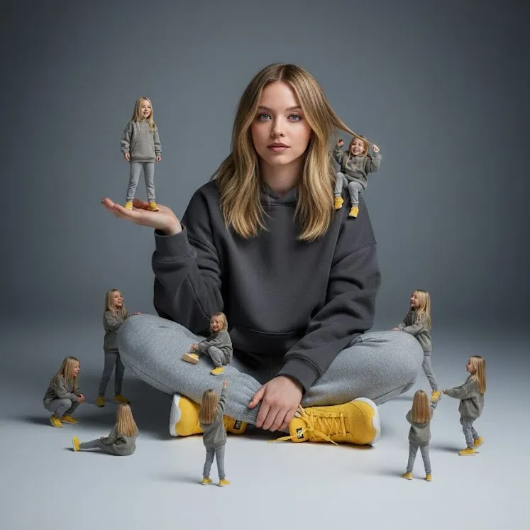 A creative surreal image of a woman sitting on the ground, wearing a dark yellow