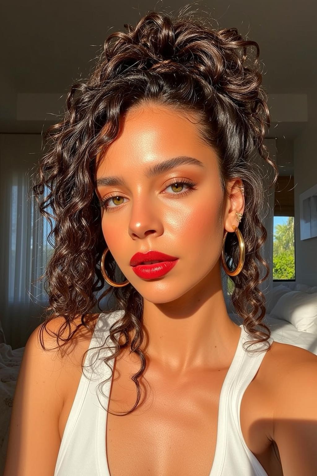 Woman Curly Dark Hair White Tank Top Golden Hour Window