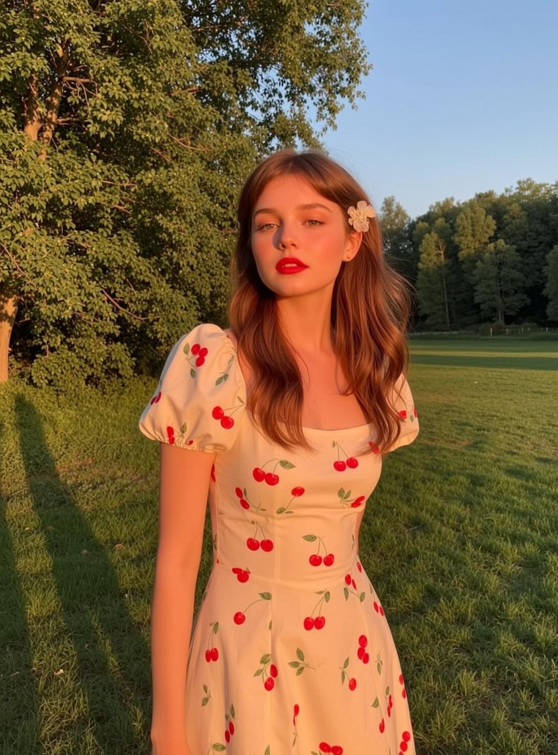 Woman In Cherry Dress Sunlit Field