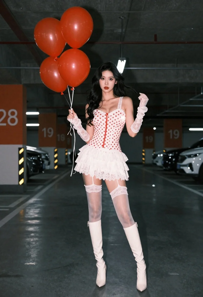 Photorealistic Portrait Confident Woman Standing Underground Parking Garage Holding Red reference photo