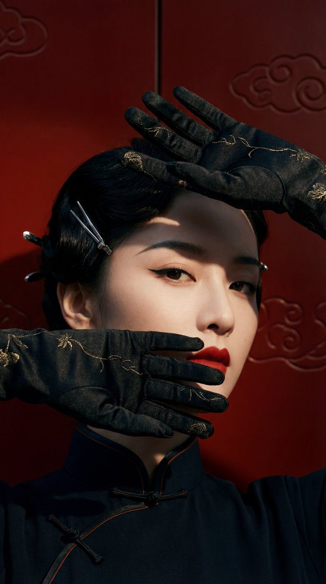 A seductive female model with dark hair and glamorous gloves poses against a deep cinnabar red background, capturing a Wong Kar-wai cinematic essence.