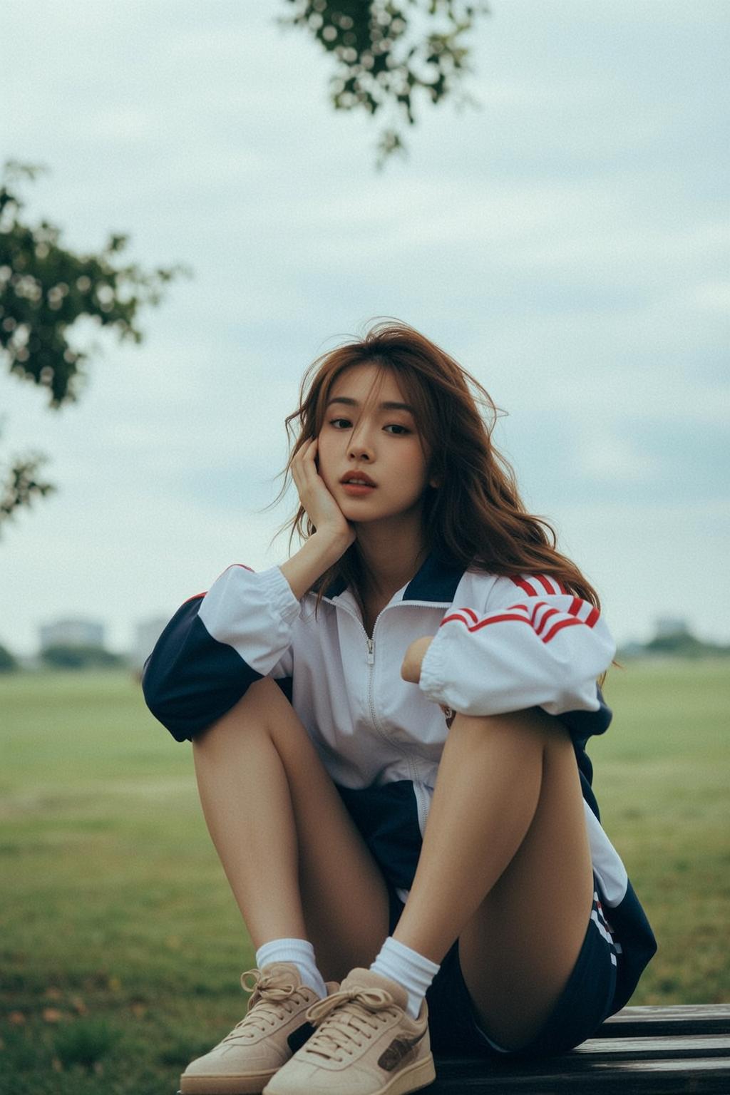 Young Woman White Jacket Navy Shorts Outdoor