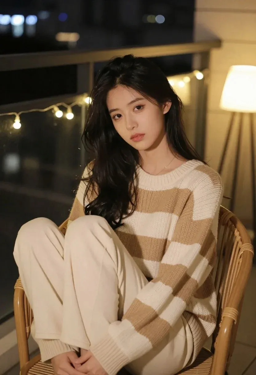 Young Woman With Long Dark Wavy Hair Sits Relaxed Pose