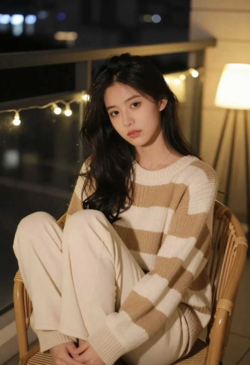 Young Woman With Long Dark Wavy Hair Sits Relaxed Pose
