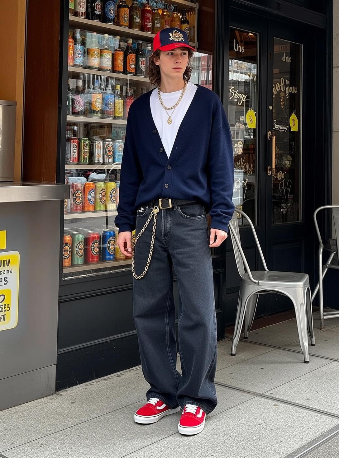 Young Man Navy Cardigan White Tee Sidewalk