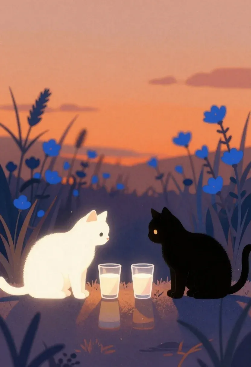 Digital Illustration Two Cats Facing Each Other Across Reflective Surface