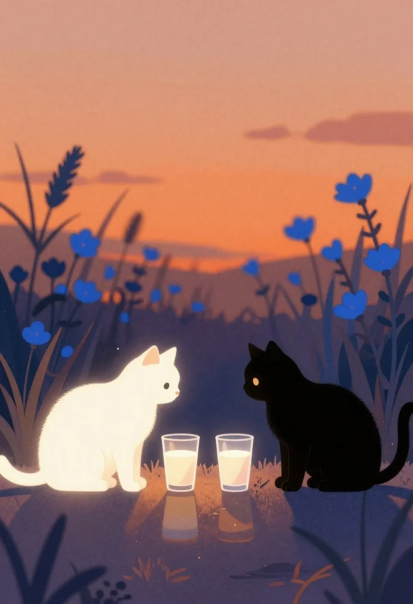 Digital Illustration Two Cats Facing Each Other Across Reflective Surface reference photo