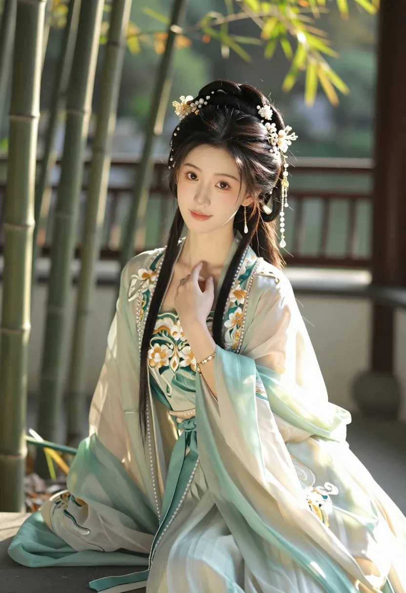Serene Young Woman Traditional Chinese Attire Sits Gracefully Amidst Sunlit