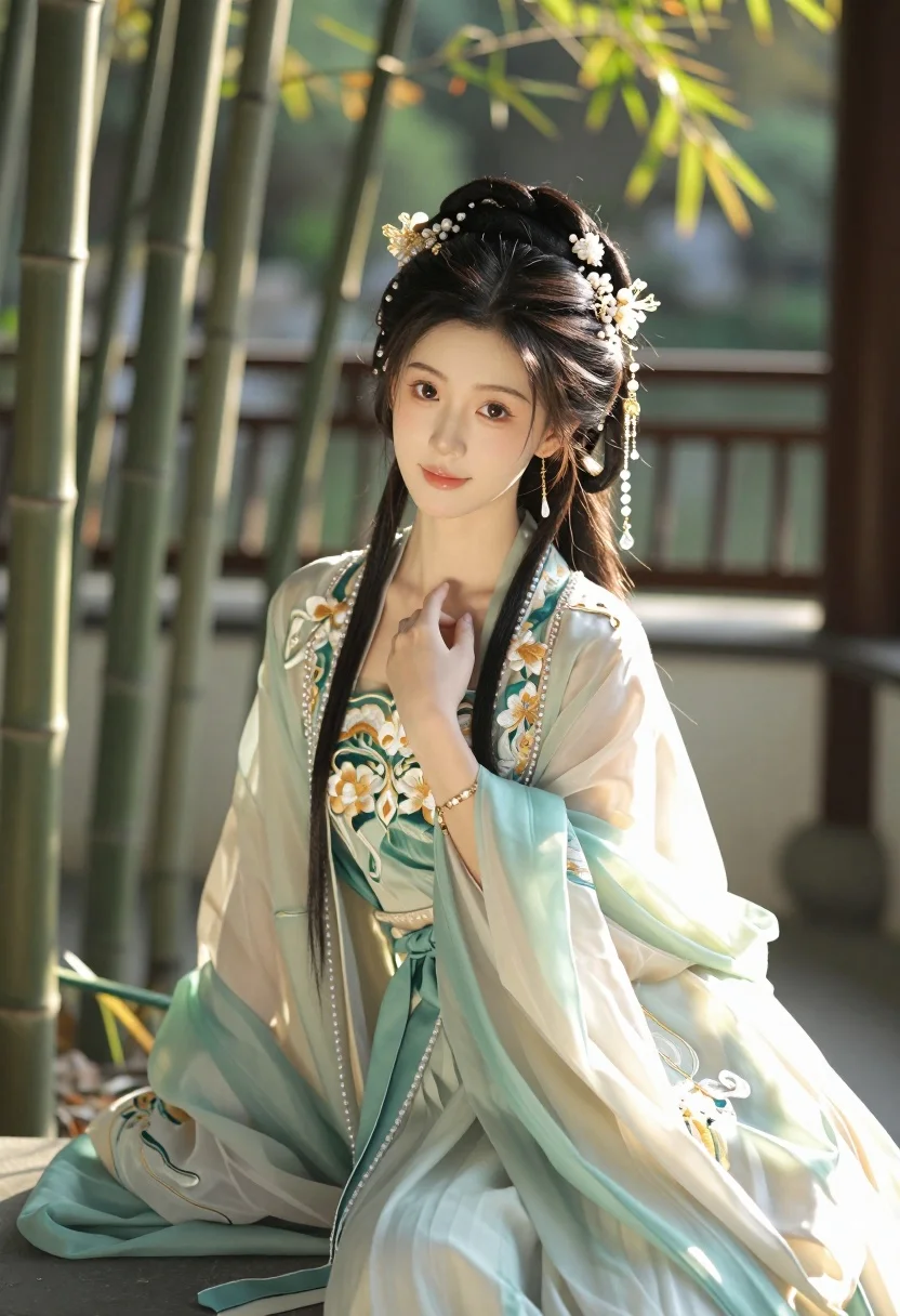 A serene young woman wearing traditional Chinese attire sits gracefully in a sunlit garden, bathed in warm golden light.