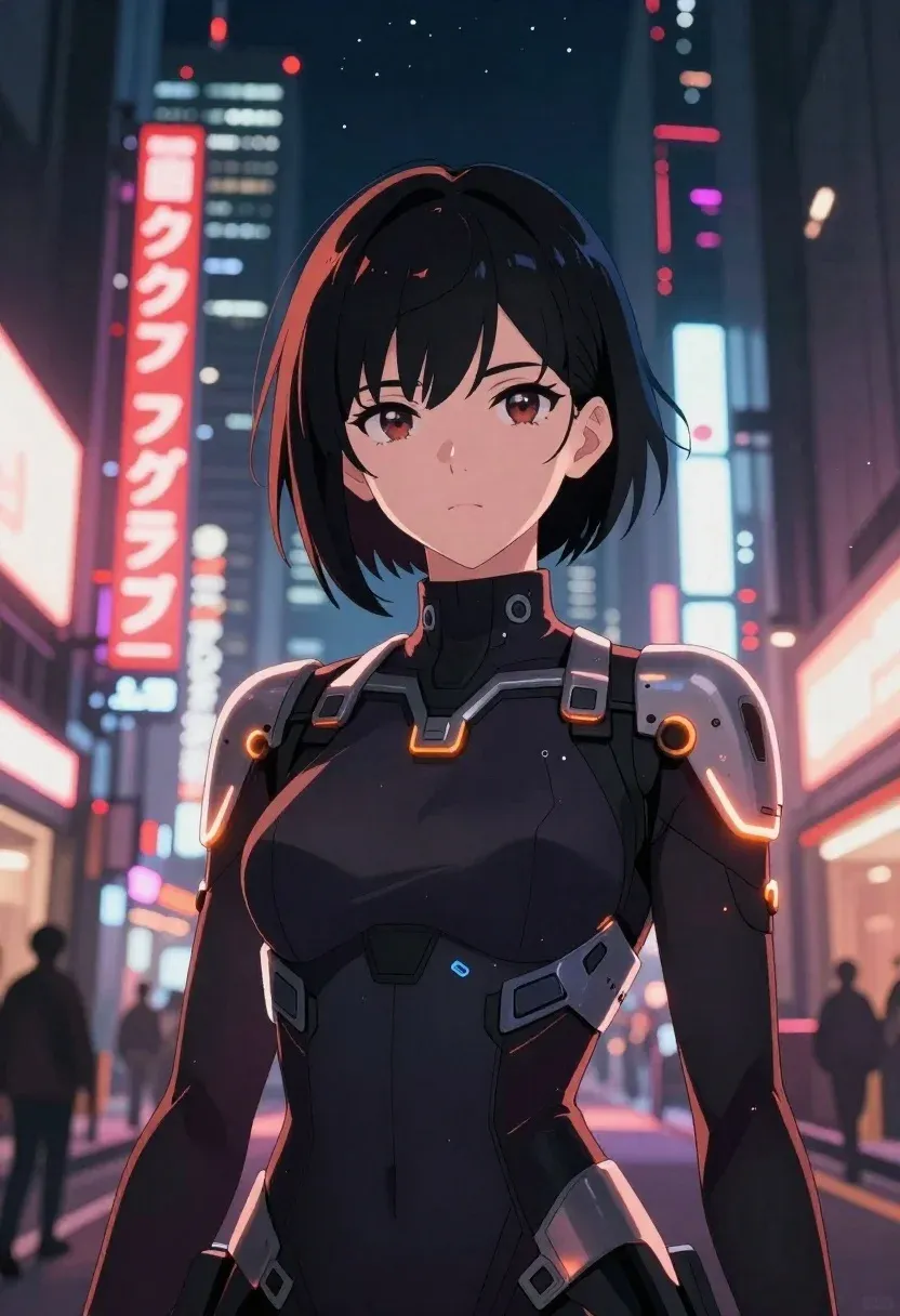 Digital Anime-style Portrait Futuristic Female Warrior Standing Bustling Cyberpunk City