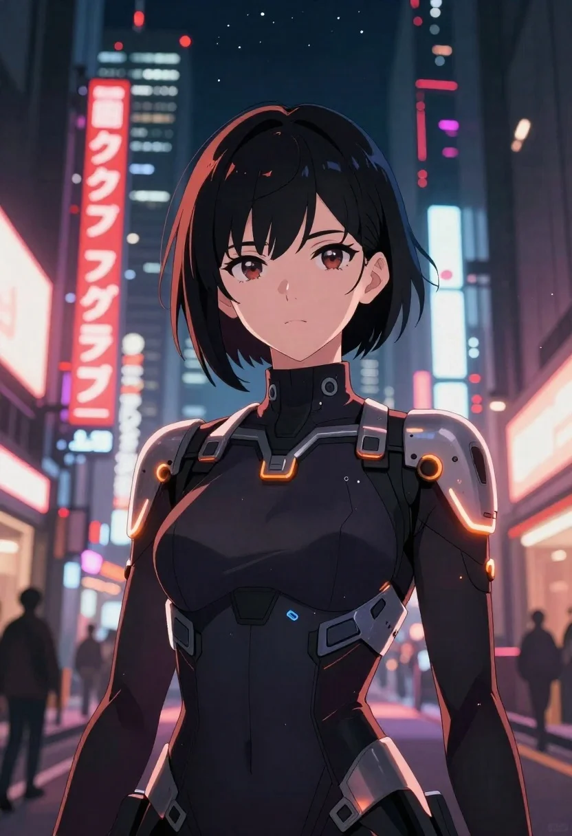 Digital Anime-style Portrait Futuristic Female Warrior Standing Bustling Cyberpunk City reference photo