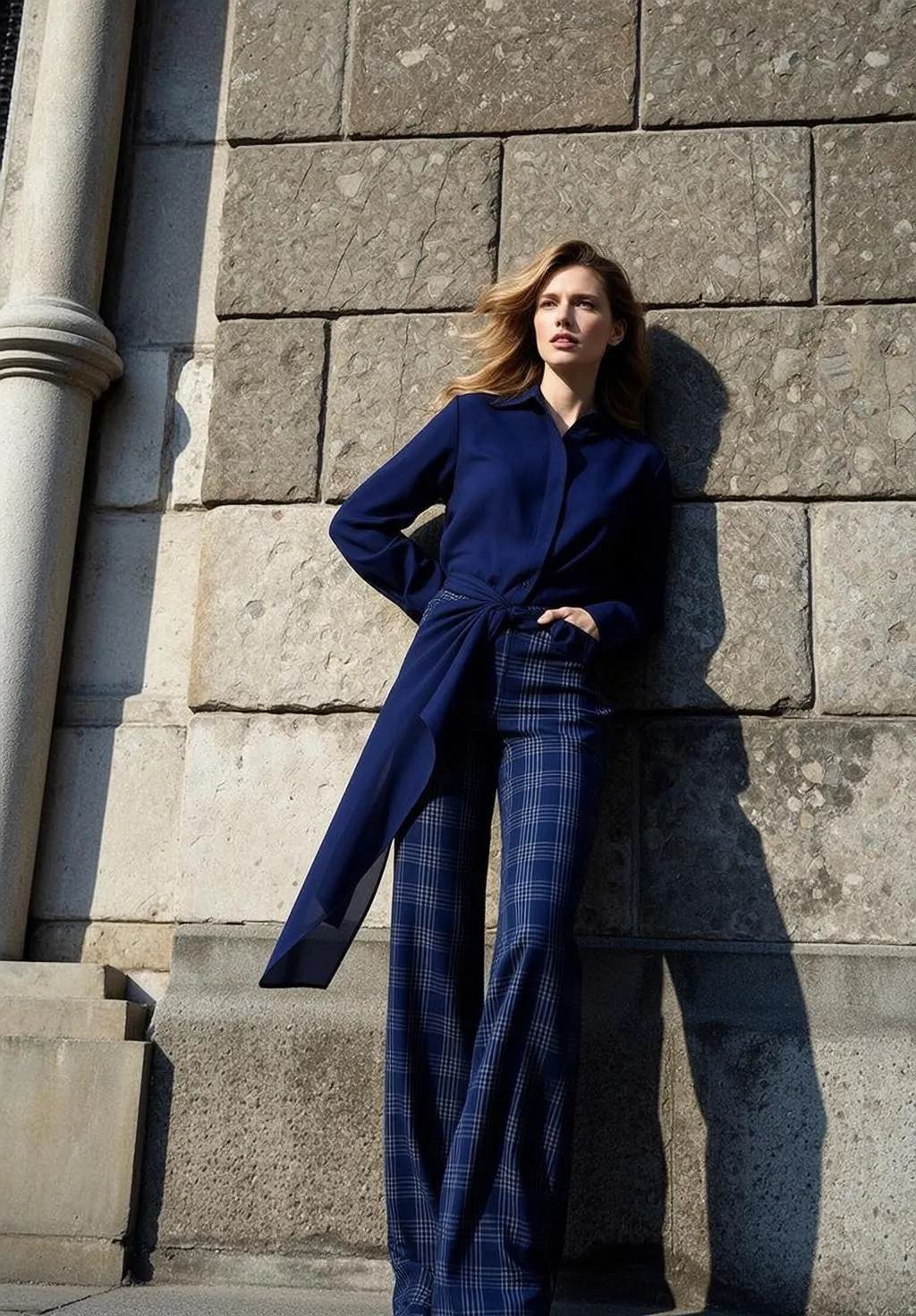 Blonde Woman Leaning Against Stone Wall Plaid Pants