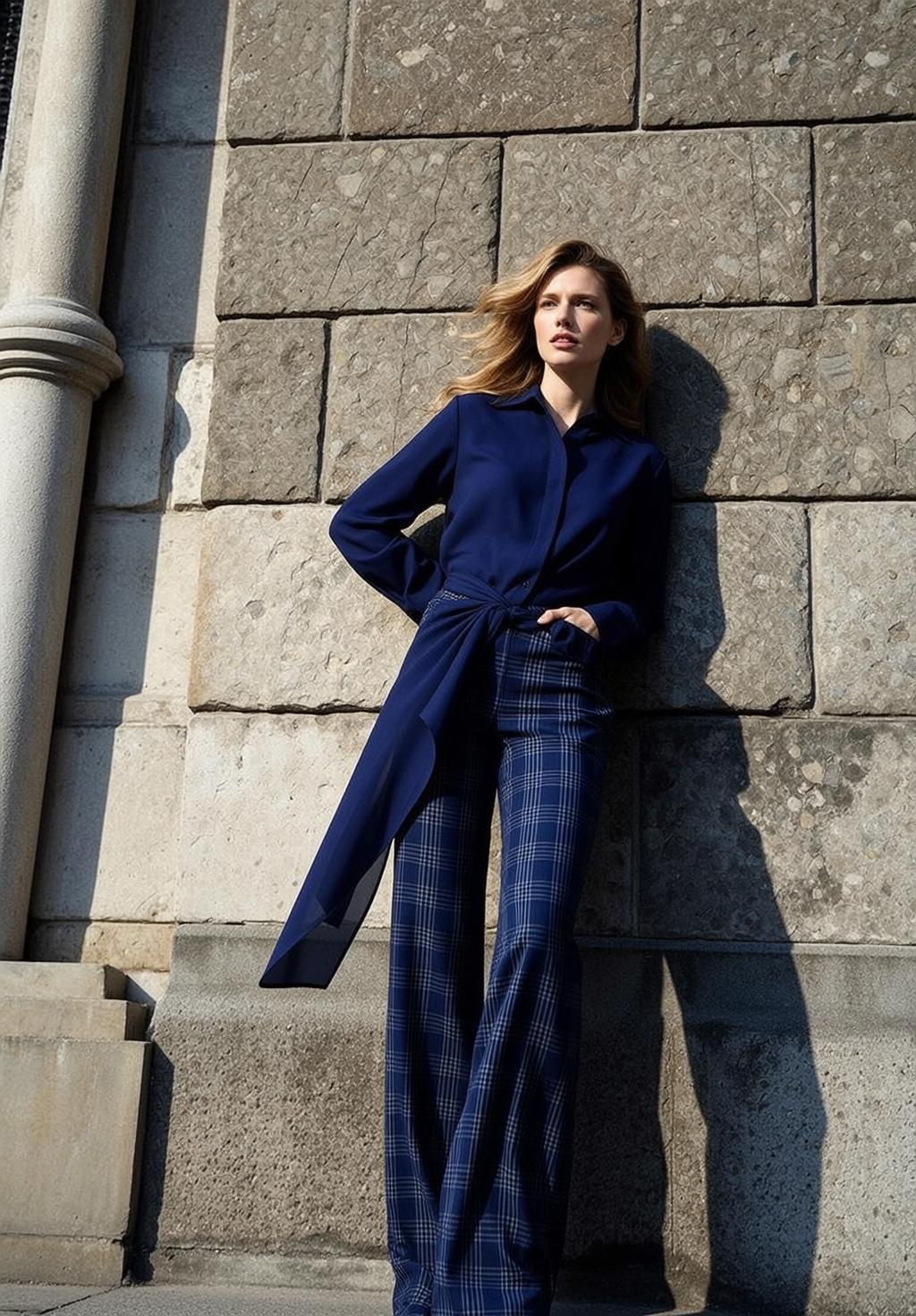 Blonde Woman Leaning Against Stone Wall Plaid Pants