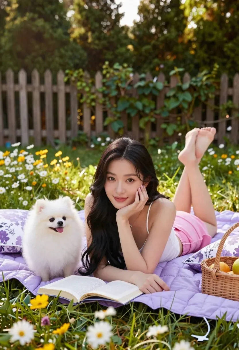 Young Woman With Long Dark Hair Lies Her Stomach Purple