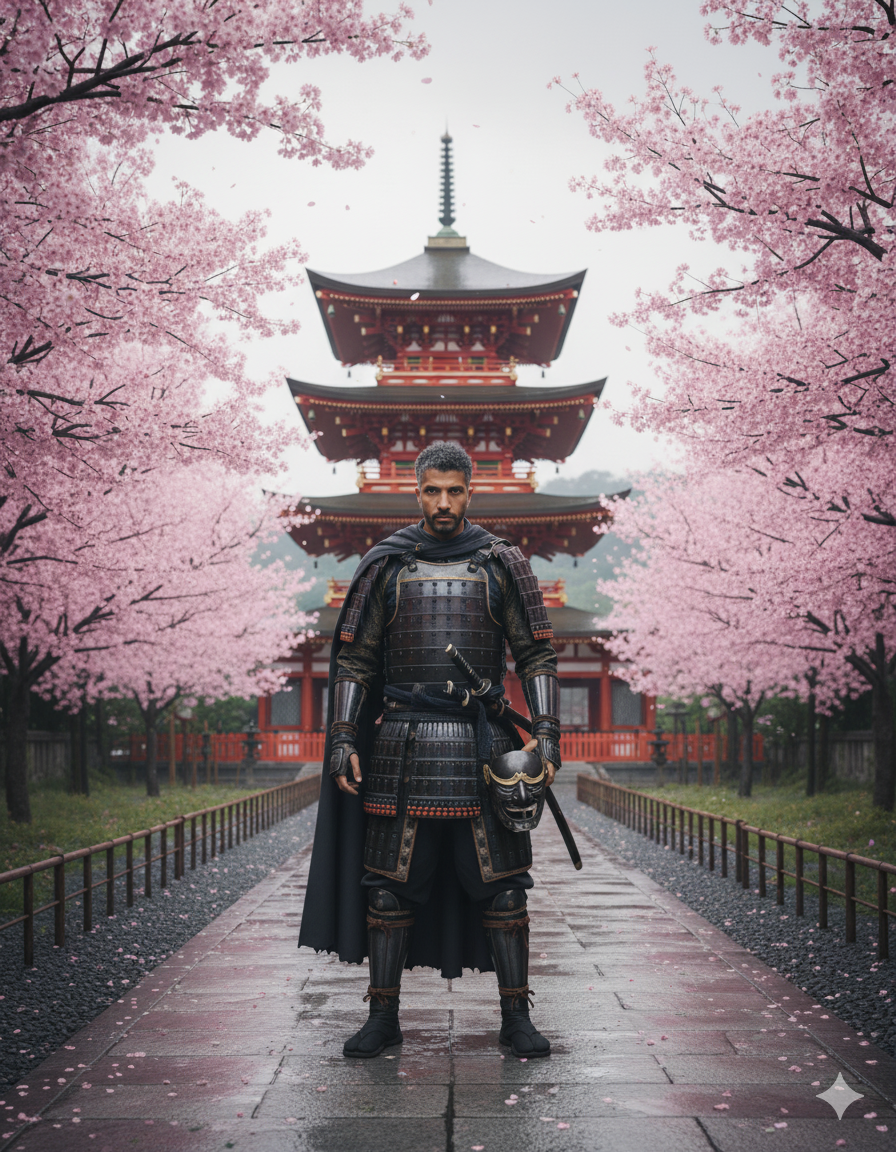 Samurai In Cherry Blossom Temple